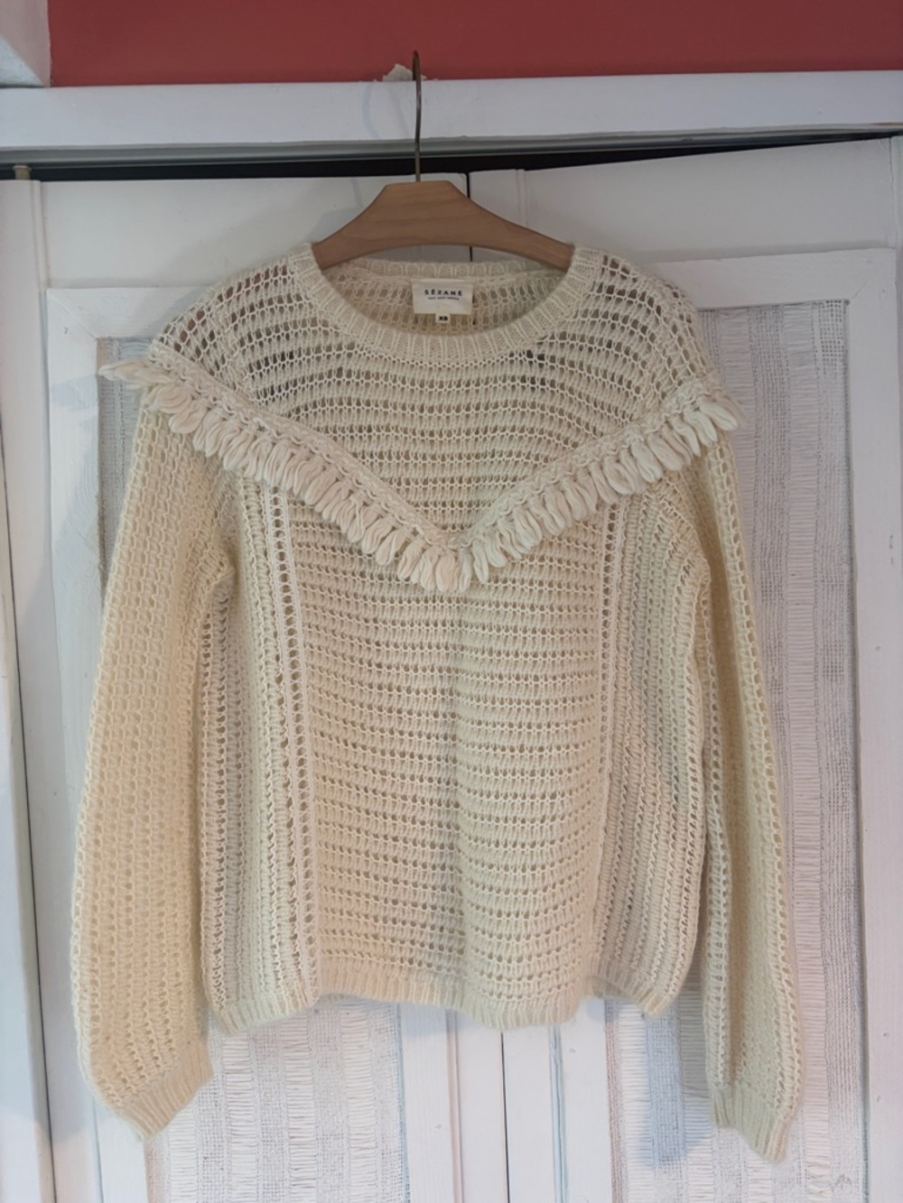 Sezane Cream Crochet Fringe Crewneck Sweater
